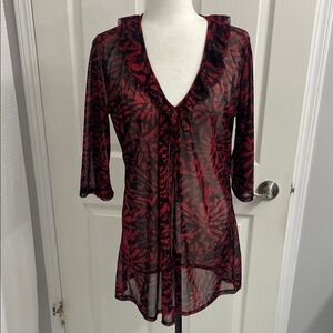 Simon Chang Red & Black Swim Coverup Ruffled Collar Self Tie 3/4 Sleeves Size M